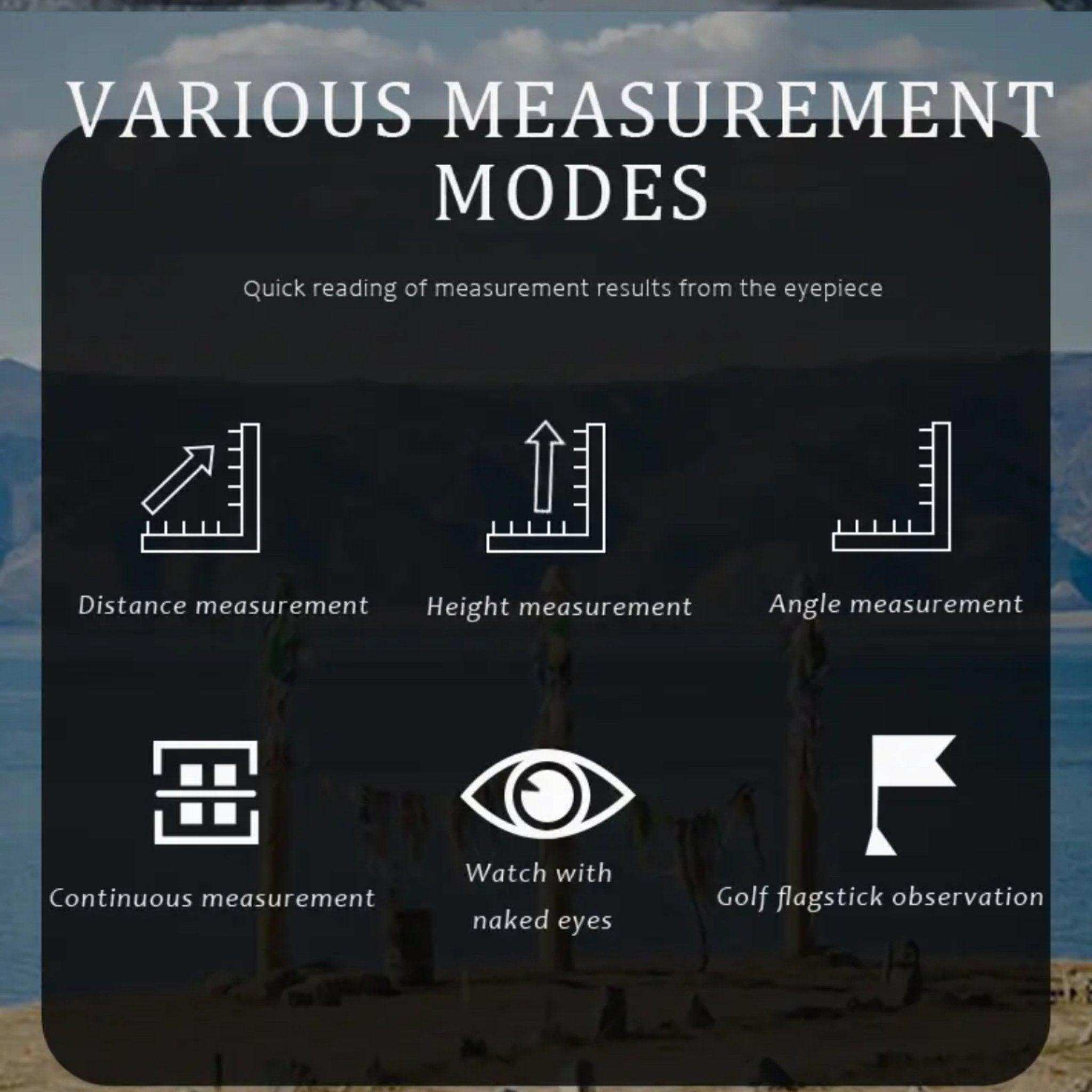 Laser range finder binoculars features various measurement modes icons including distance, height, angle, continuous, naked eye, and golf flagstick observation. TUTT