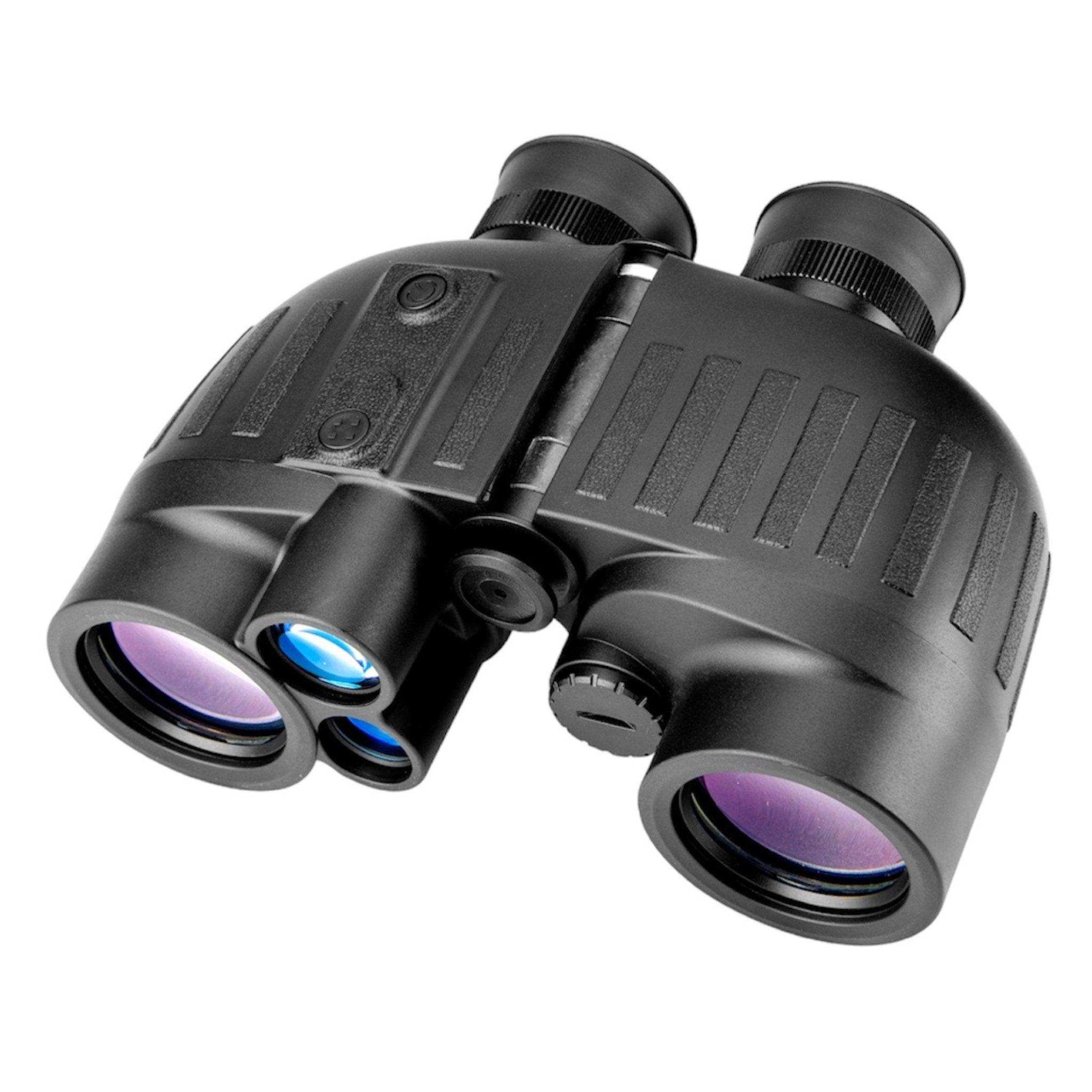 Black laser range finder binoculars with textured grip and purple-tinted lenses, product photo TUTT