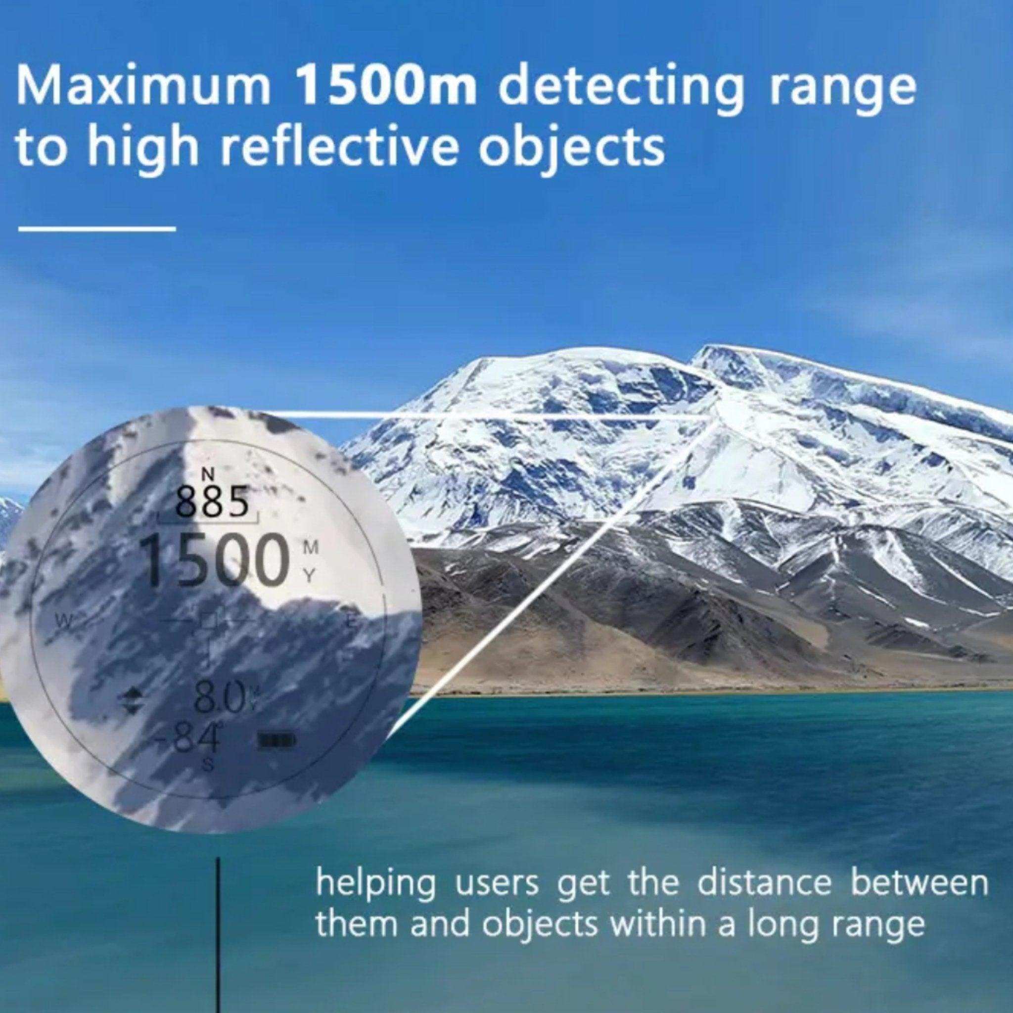Laser range finder binocular display overlay on snowy mountain landscape, 1500m distance shown, TUTT