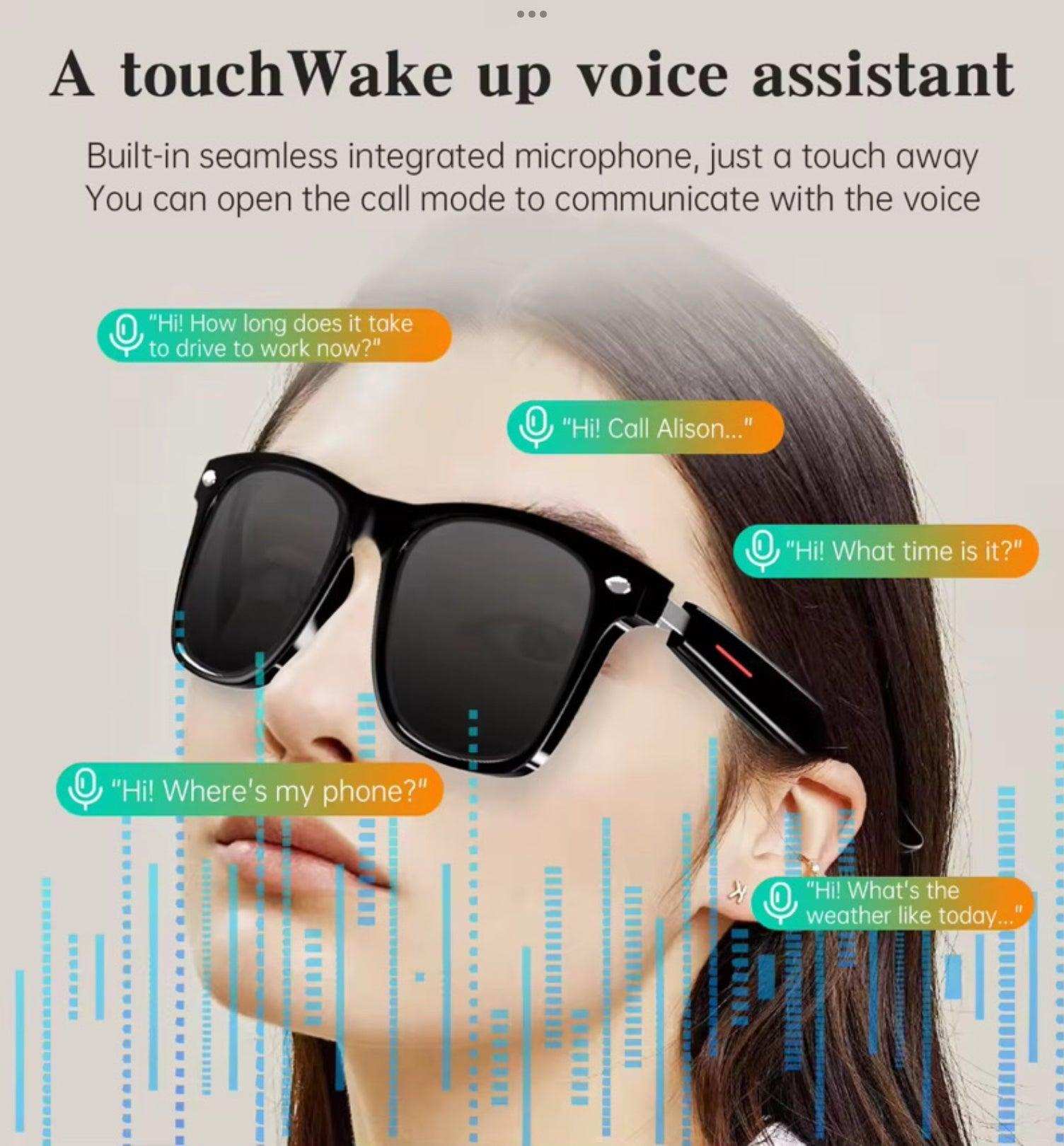 Woman wearing Tutt Bluetooth smart glasses with voice assistant features and touch controls, TUTT