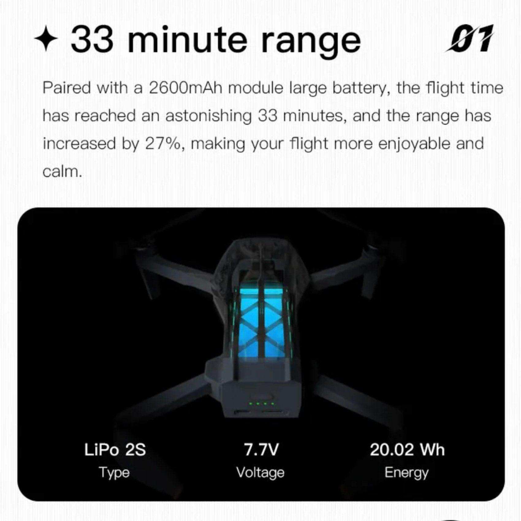 Foldable RC drone with blue illuminated battery, 33-minute flight time, LiPo 2S, 7.7V, 20.02Wh. TUTT