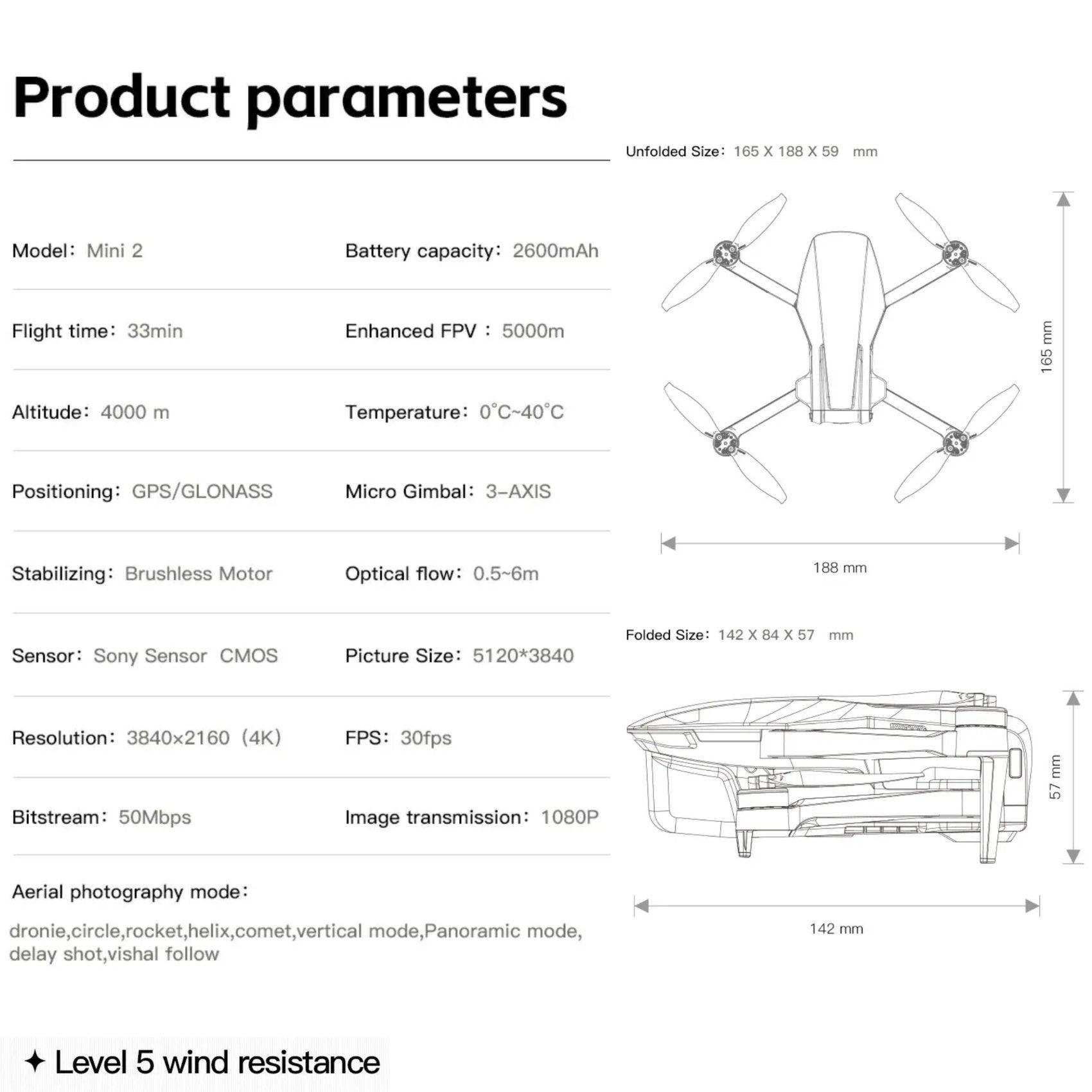 Mini 2 drone product parameters chart with specs, battery info, size diagrams and features. TUTT