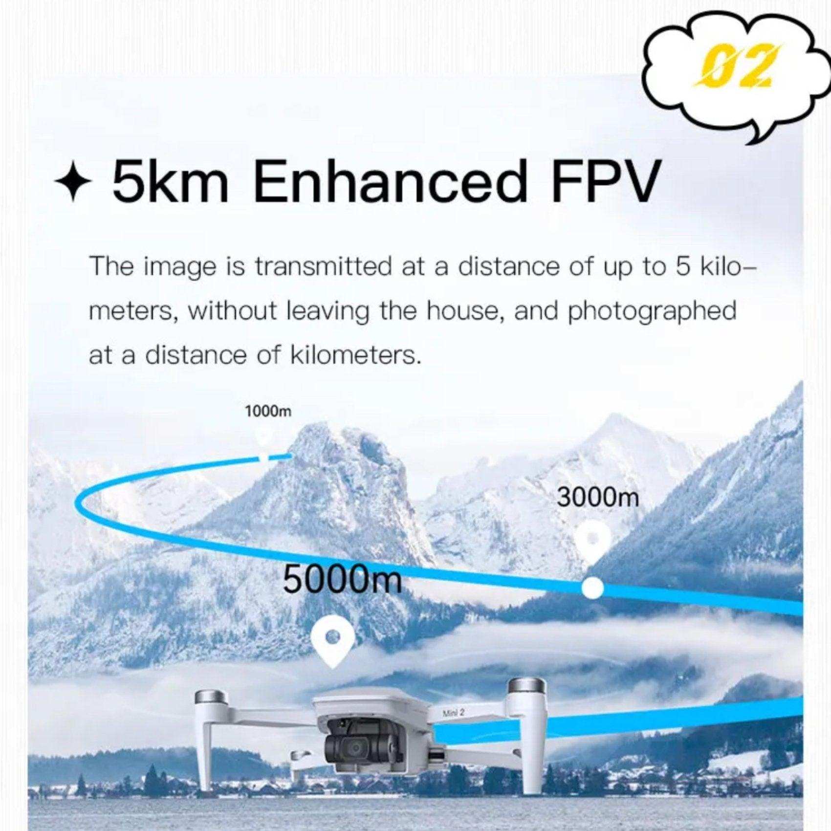 5km enhanced FPV drone with camera in snowy mountains, distance markers, Mini 2 model. TUTT