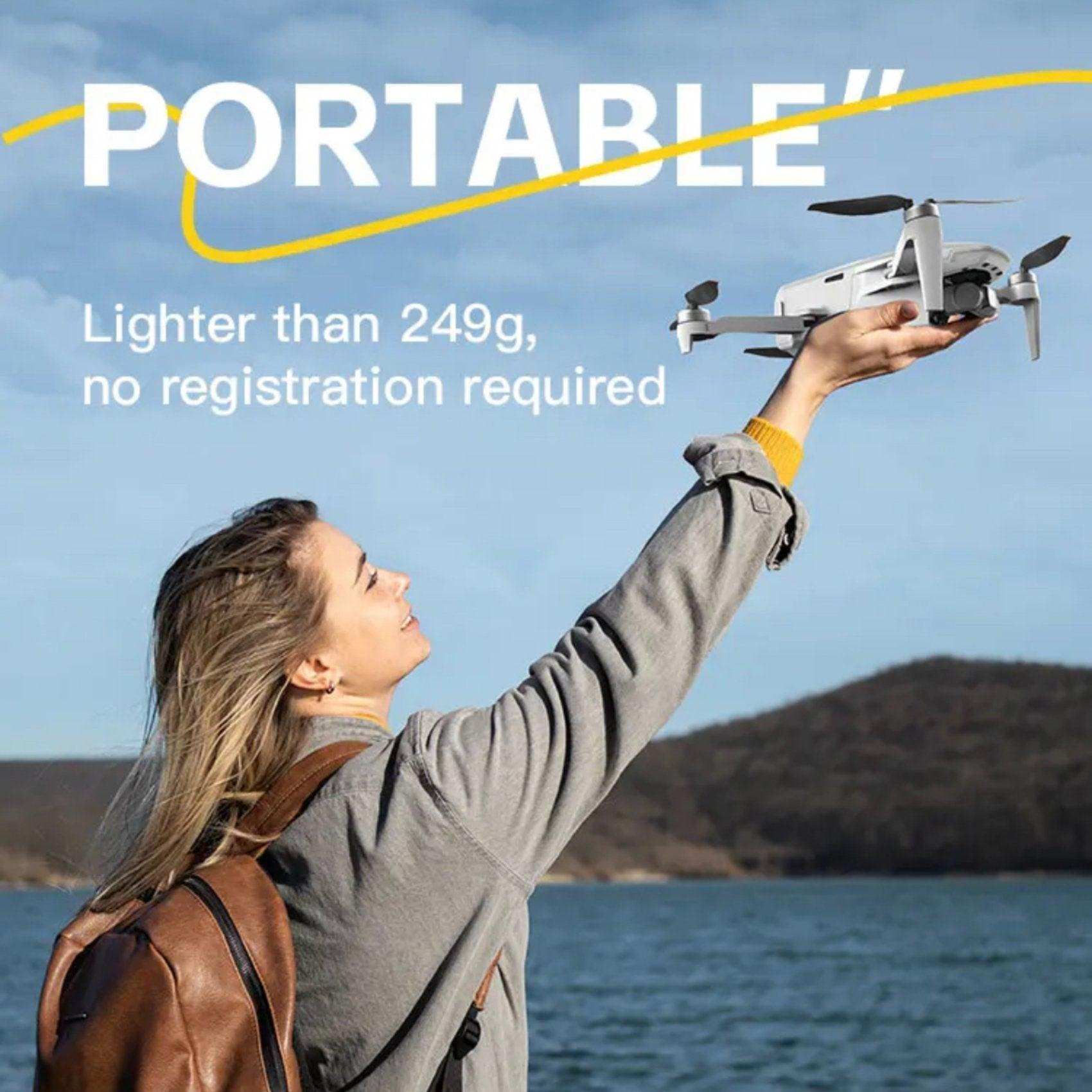 Woman holding foldable RC drone above water, text highlights lightweight 249g quadcopter. TUTT