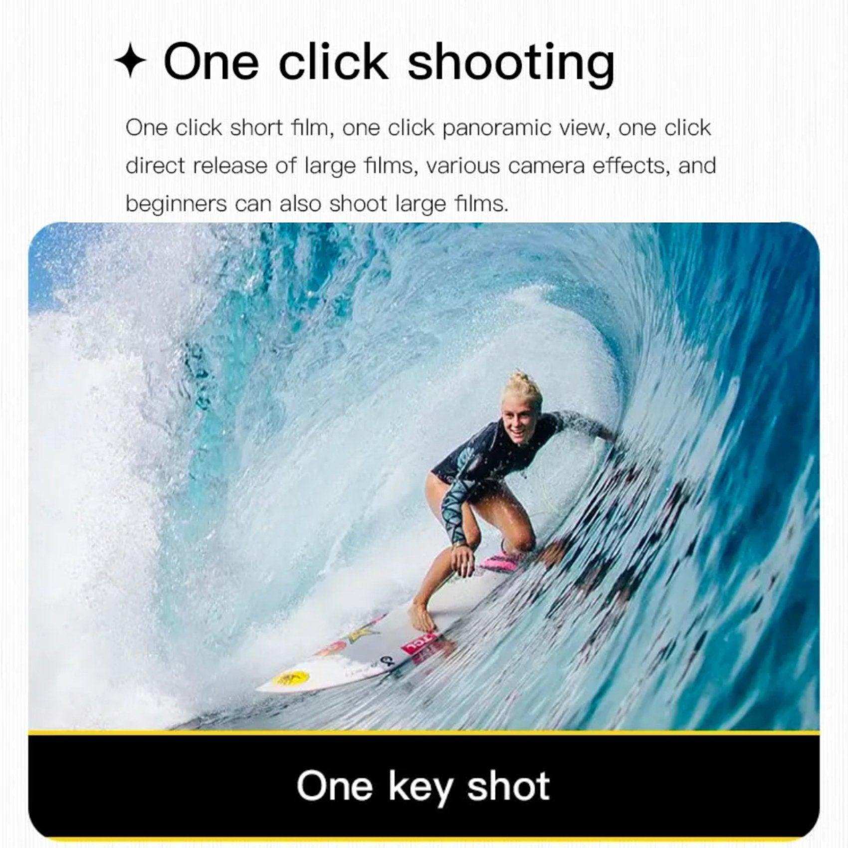 Surfer riding a large blue wave, demonstrating drone 4K camera for one-click shooting, TUTT