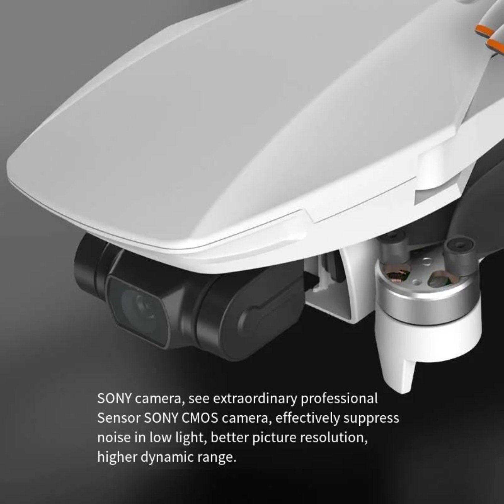 Close-up of white mini drone with 4K Sony CMOS camera and 3-axis gimbal. TUTT