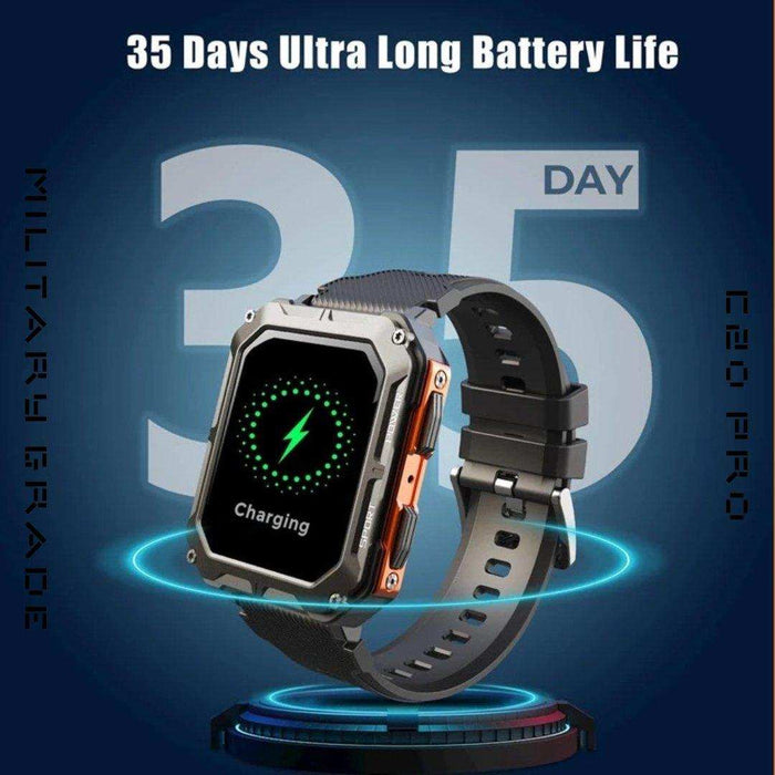 TUTT C20 Pro men’s military rugged smartwatch charging, black strap, 35-day battery life. TUTT