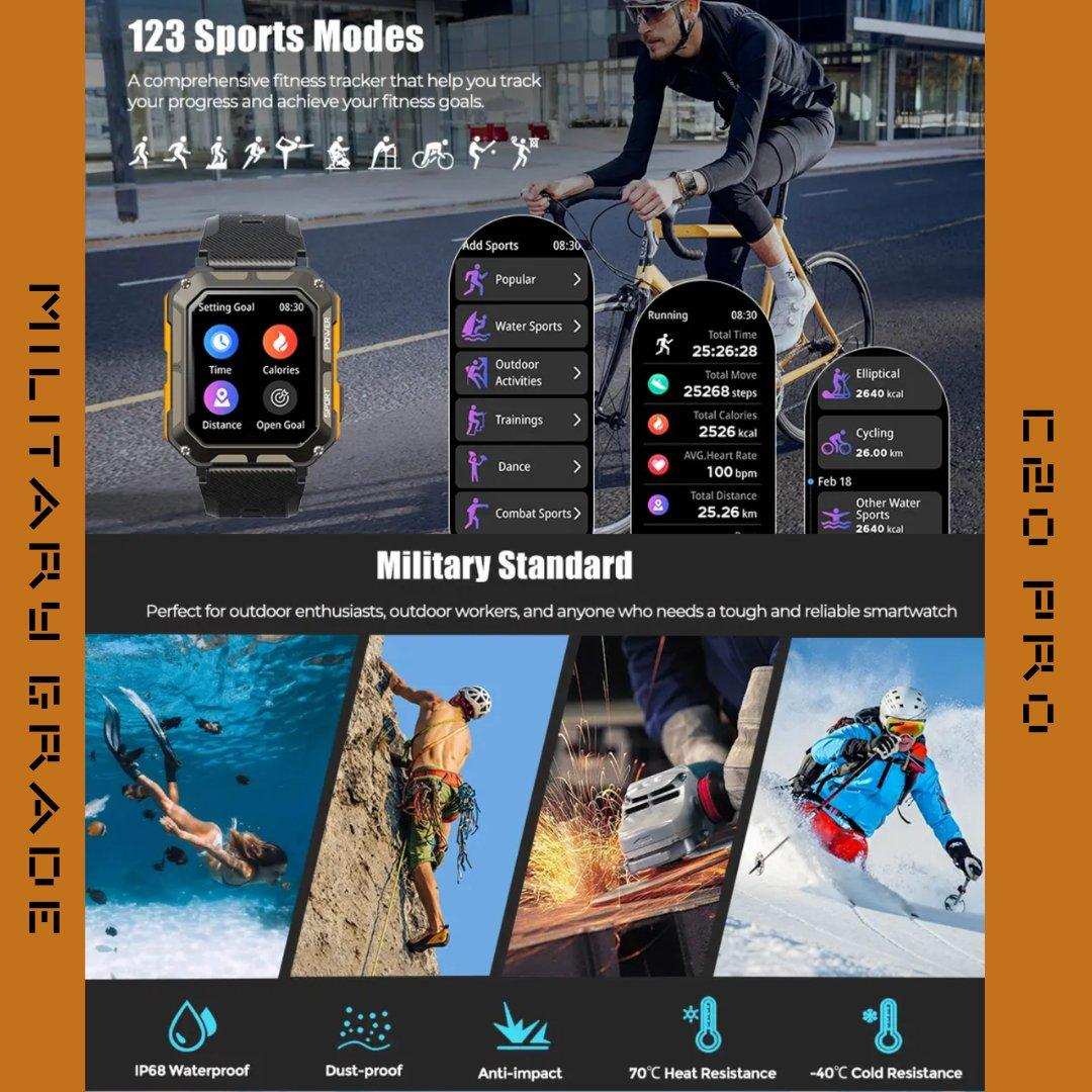 TUTT C20 Pro rugged military smartwatch with fitness tracking, waterproof, and outdoor sports modes. TUTT