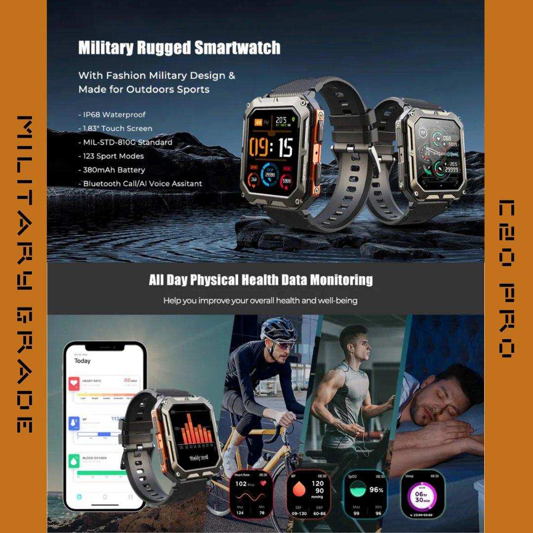 Military rugged smartwatch with HD touch screen, fitness tracking, and waterproof design, TUTT