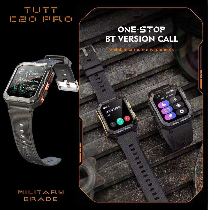 TUTT C20 Pro military rugged smartwatch with black strap, showing HD display, fitness and call features, outdoor tactical design. TUTT