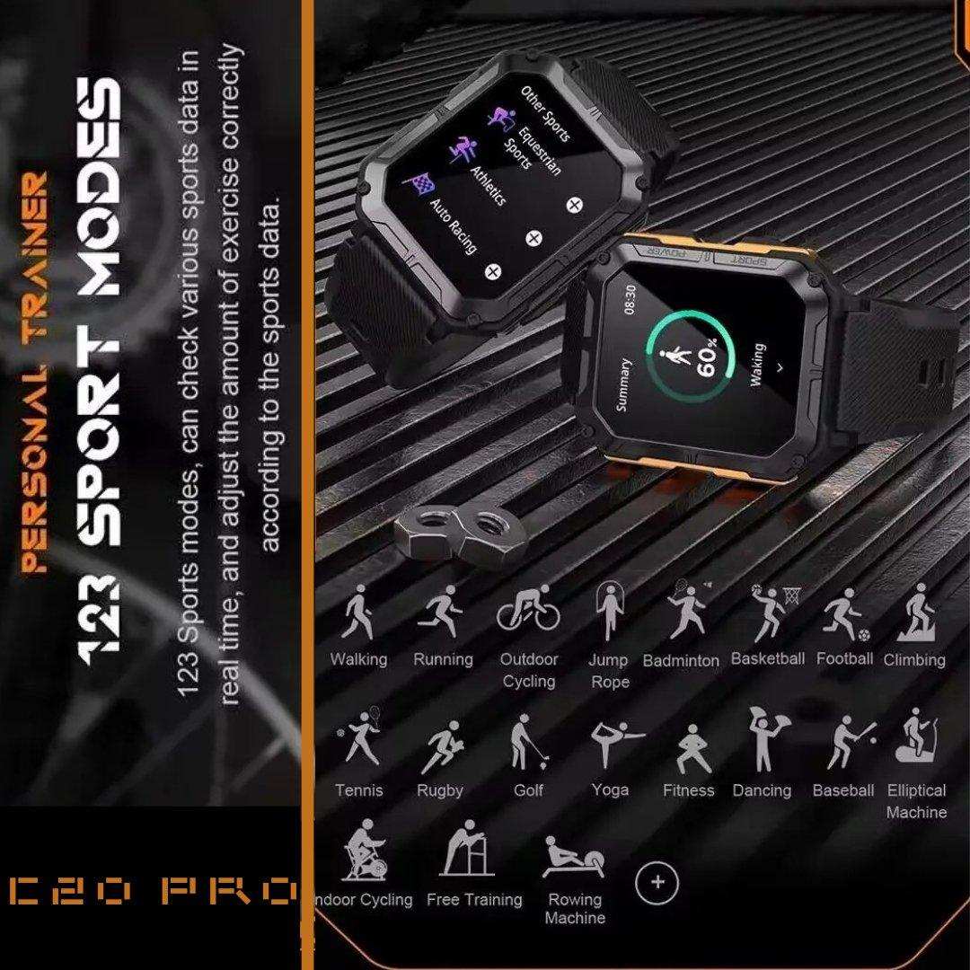 TUTT C20 Pro men's rugged military smartwatch with fitness tracking, sport modes, and HD display, shown on a black industrial background. TUTT