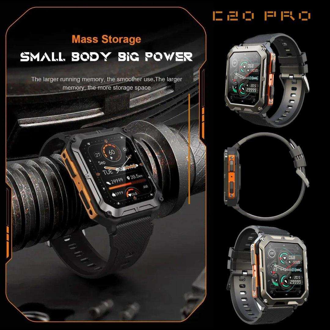 Rugged military TUTT C20 Pro men's smartwatch with black strap, large HD display, tactical design, and fitness tracking features. TUTT