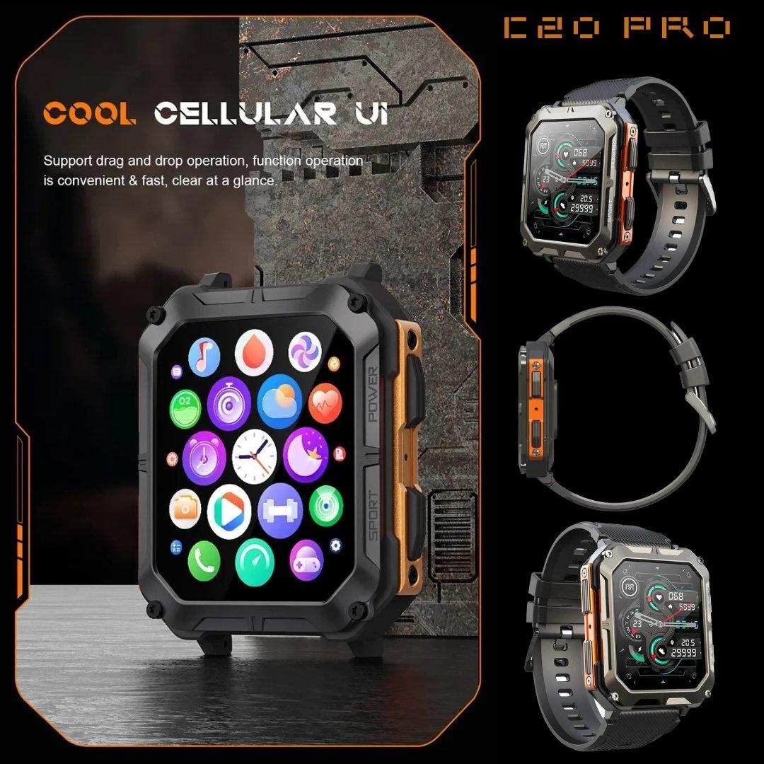 TUTT C20 Pro rugged military smartwatch with HD display, fitness tracking, and speaker, black-orange design. TUTT