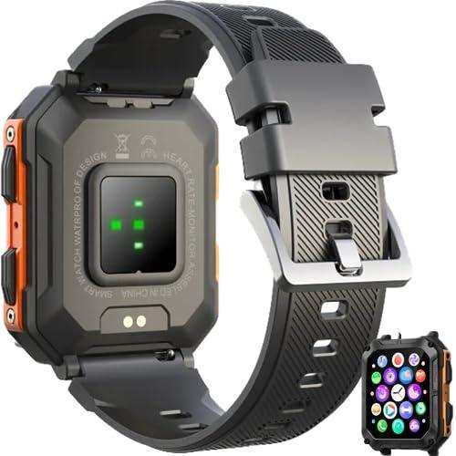 Black rugged military-style men's smartwatch with health sensors and fitness app display, TUTT
