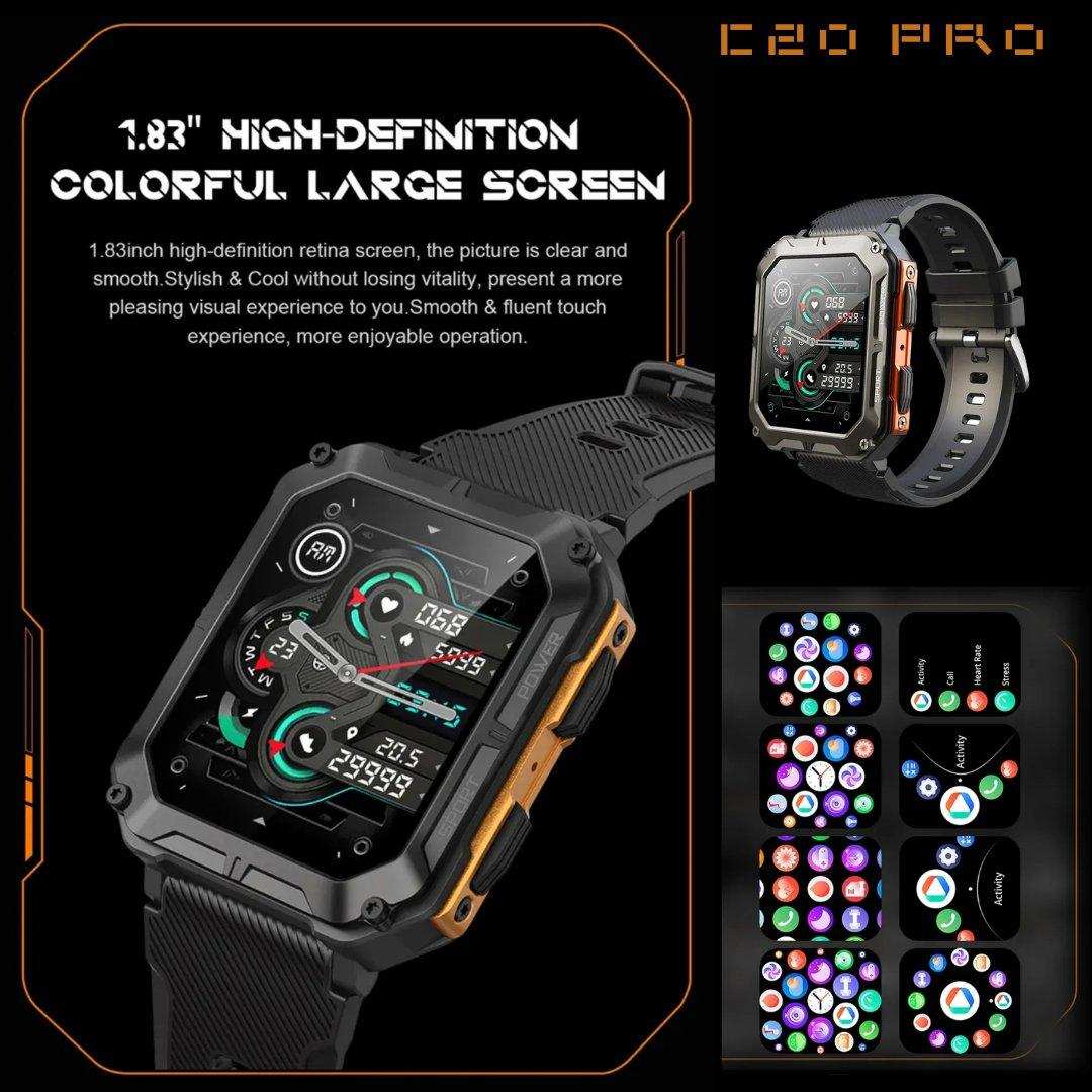 TUTT C20 Pro rugged military smartwatch with black strap, 1.83-inch HD display, fitness tracking, and app icons. TUTT