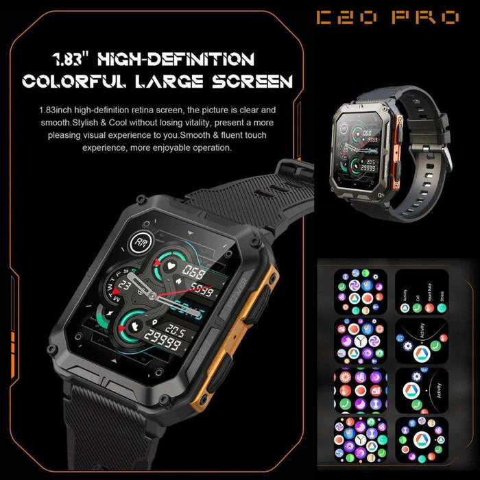 TUTT C20 Pro rugged military smartwatch with black strap, 1.83-inch HD display, fitness tracking, and app icons. TUTT