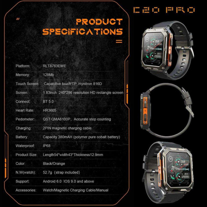 TUTT C20 Pro rugged smartwatch with black and orange design, HD display, and product specs. TUTT