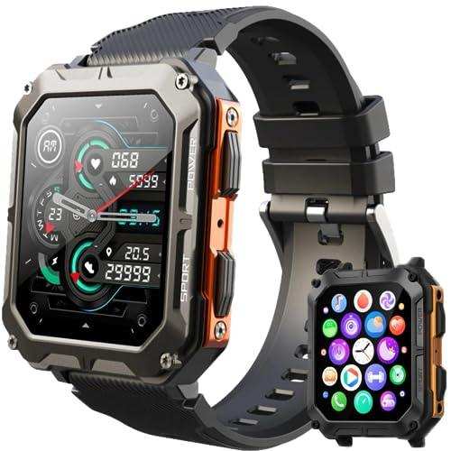 Men's rugged military smartwatch with black strap, HD tactical display, fitness and app icons TUTT