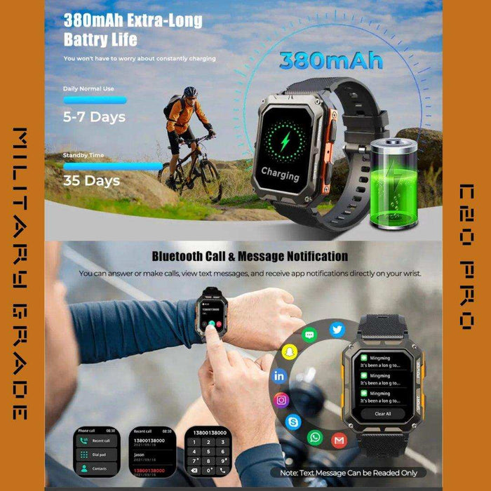 Rugged military smartwatch with speaker, charging display, fitness mode, and app notifications, TUTT