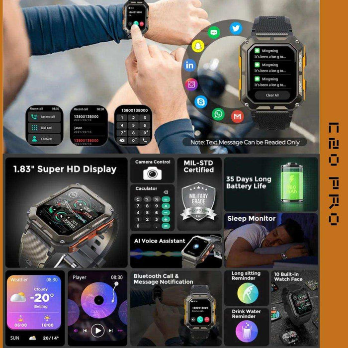 TUTT C20 Pro rugged military smartwatch with 1.83-inch HD display, fitness tracking, waterproof, and message notifications TUTT