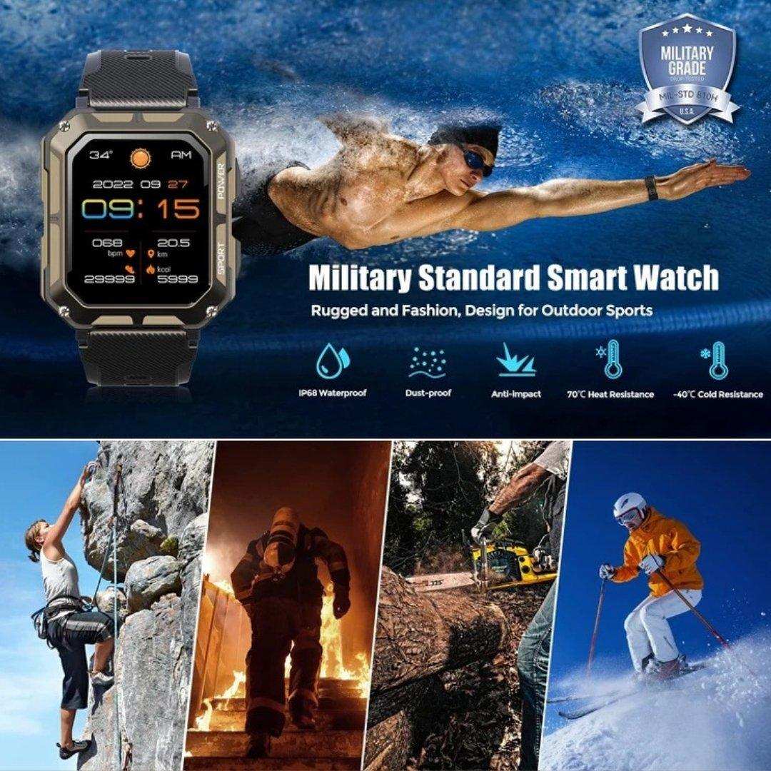 Military rugged smartwatch with HD display, outdoor sports icons, swimmer background, and TUTT