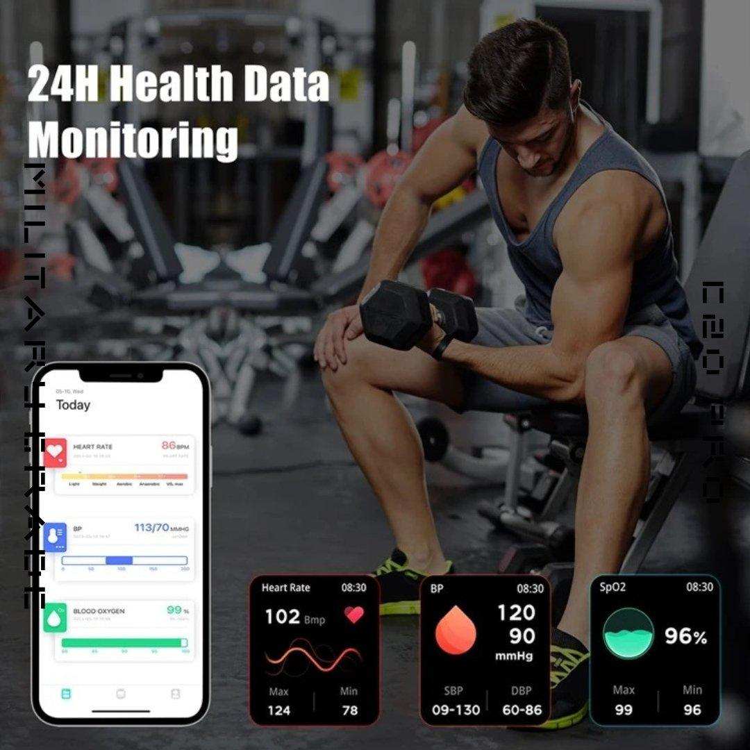 Man using dumbbell in gym with smartwatch health data, fitness tracking app, and metrics displays, TUTT
