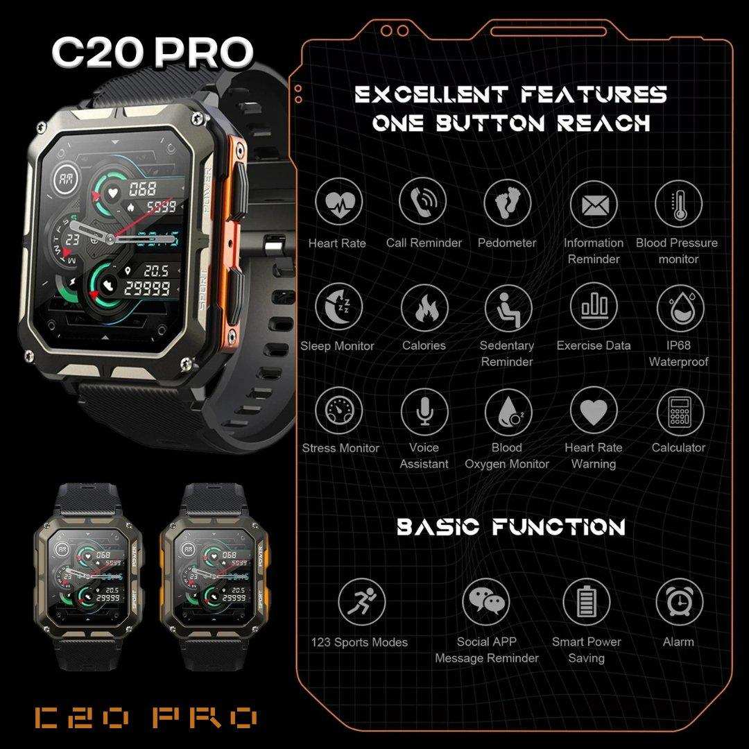 C20 Pro military rugged smartwatch with black strap, HD display, and feature icons, TUTT