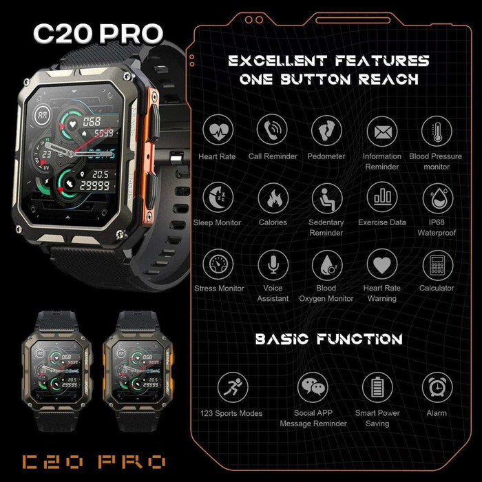 C20 Pro military rugged smartwatch with black strap, HD display, and feature icons, TUTT