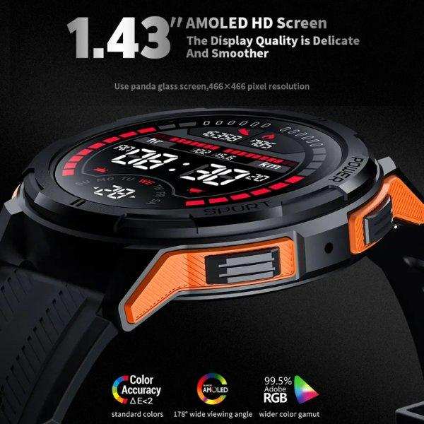 TUTT C25 military rugged smartwatch close-up, 1.43 inch AMOLED HD screen, orange-black case, digital fitness display, color accuracy icons. TUTT