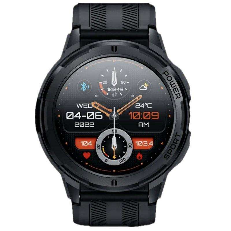 Black rugged military smartwatch with round AMOLED display showing time, date, and health stats TUTT