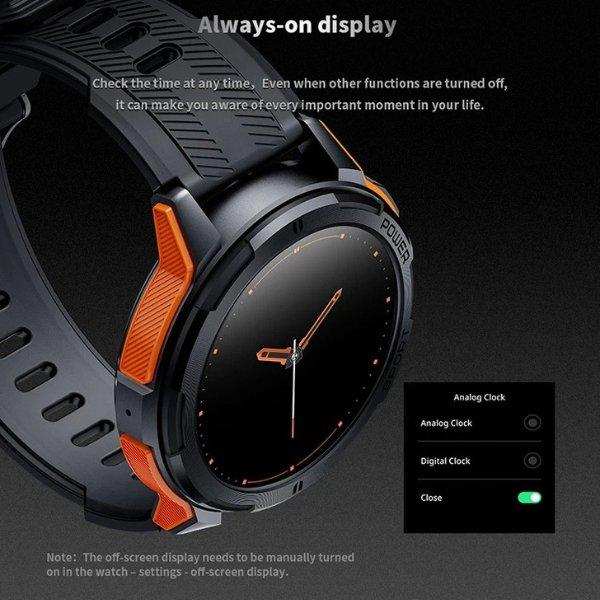 Military rugged AMOLED smart watch with black and orange band, always-on analog display, TUTT