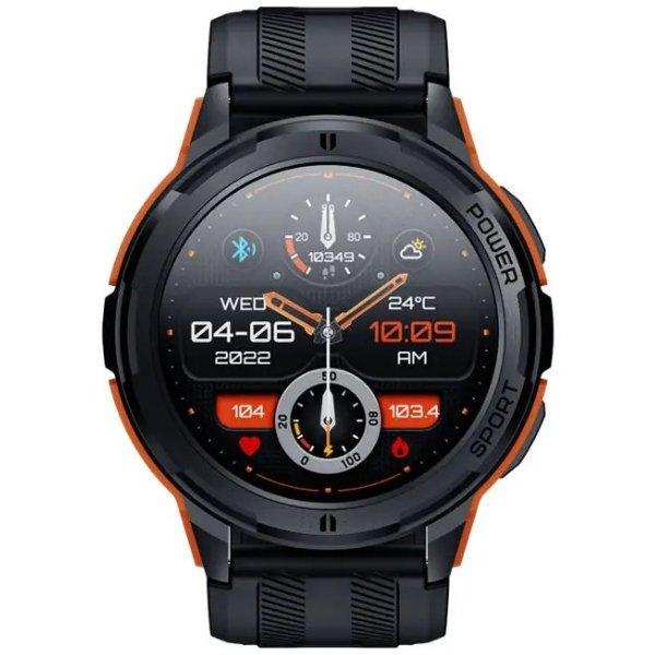 Black rugged military smartwatch with AMOLED display showing time, date, health stats, TUTT
