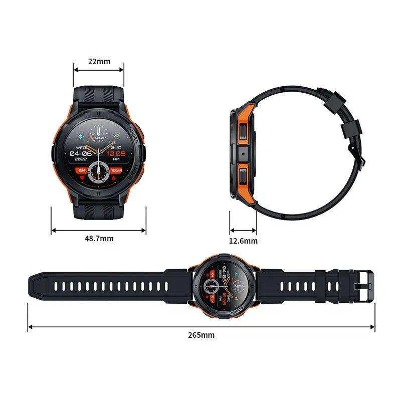 Rugged military smart watch with AMOLED screen, black band, orange accents, and measurements, TUTT