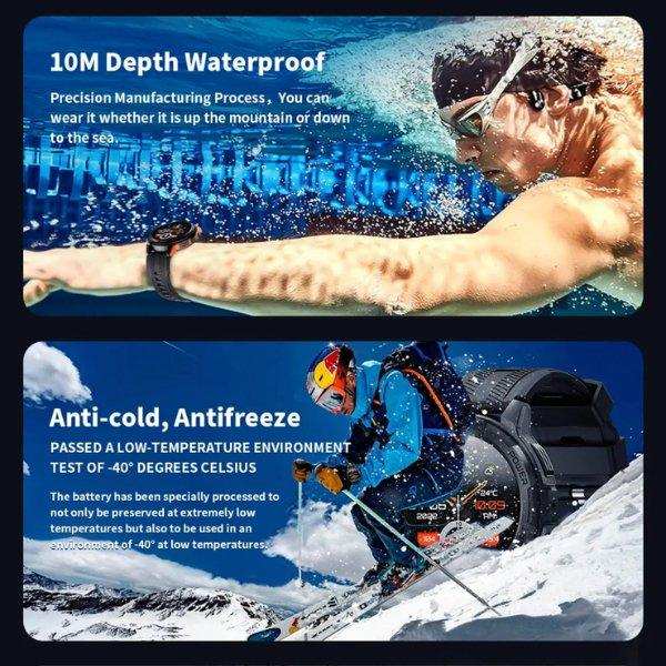 TUTT C25 military rugged smart watch shown on swimmer and skier, waterproof and anti-cold features, outdoor durability, AMOLED screen. TUTT
