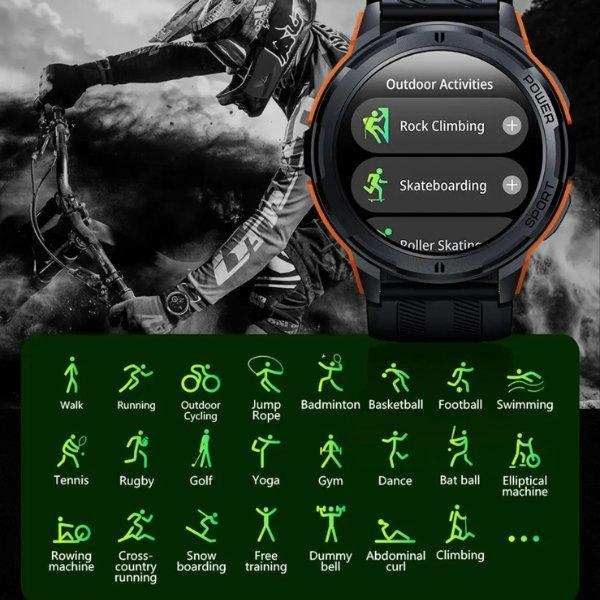 Military rugged smart watch with AMOLED screen, fitness tracking, and sport mode icons. TUTT