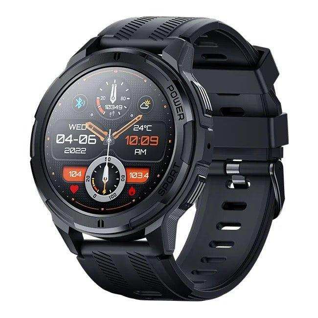 Black military rugged smart watch with AMOLED screen, health and fitness display, sporty band, TUTT