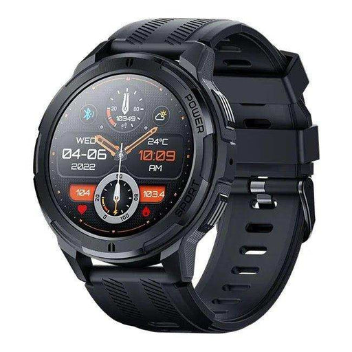 Black military rugged smart watch with AMOLED screen, health and fitness display, sporty band, TUTT