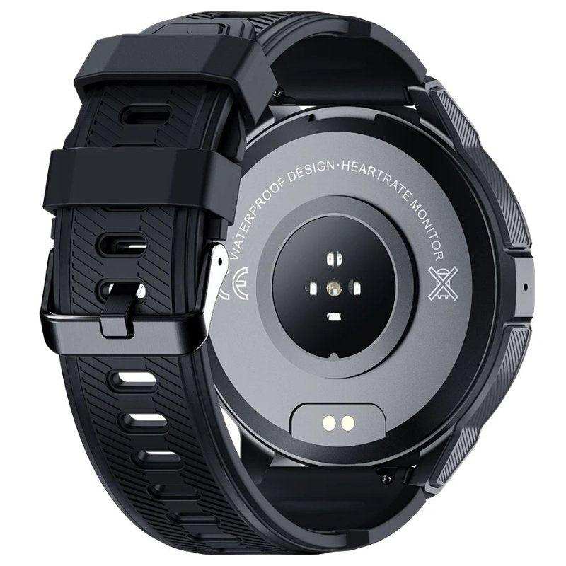 Black rugged smart watch back view with heart rate sensor, waterproof design, fitness TUTT
