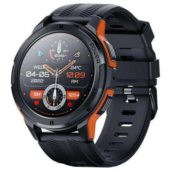 Military rugged AMOLED screen smart watch with black and orange accents, digital display, TUTT