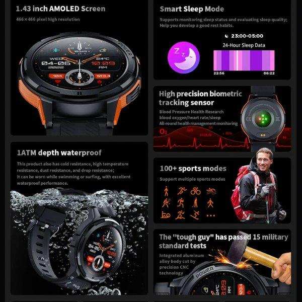 TUTT C25 military rugged smartwatch with 1.43 inch AMOLED screen, waterproof, 100+ sports modes, health tracking. TUTT