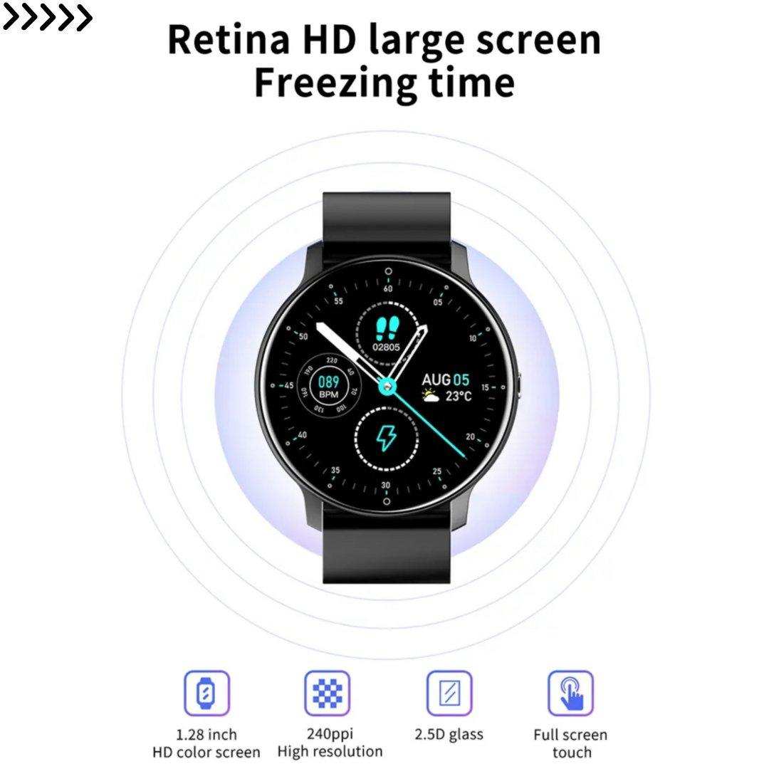 Black round smart watch with 1.28 inch HD color screen and activity tracking, TUTT
