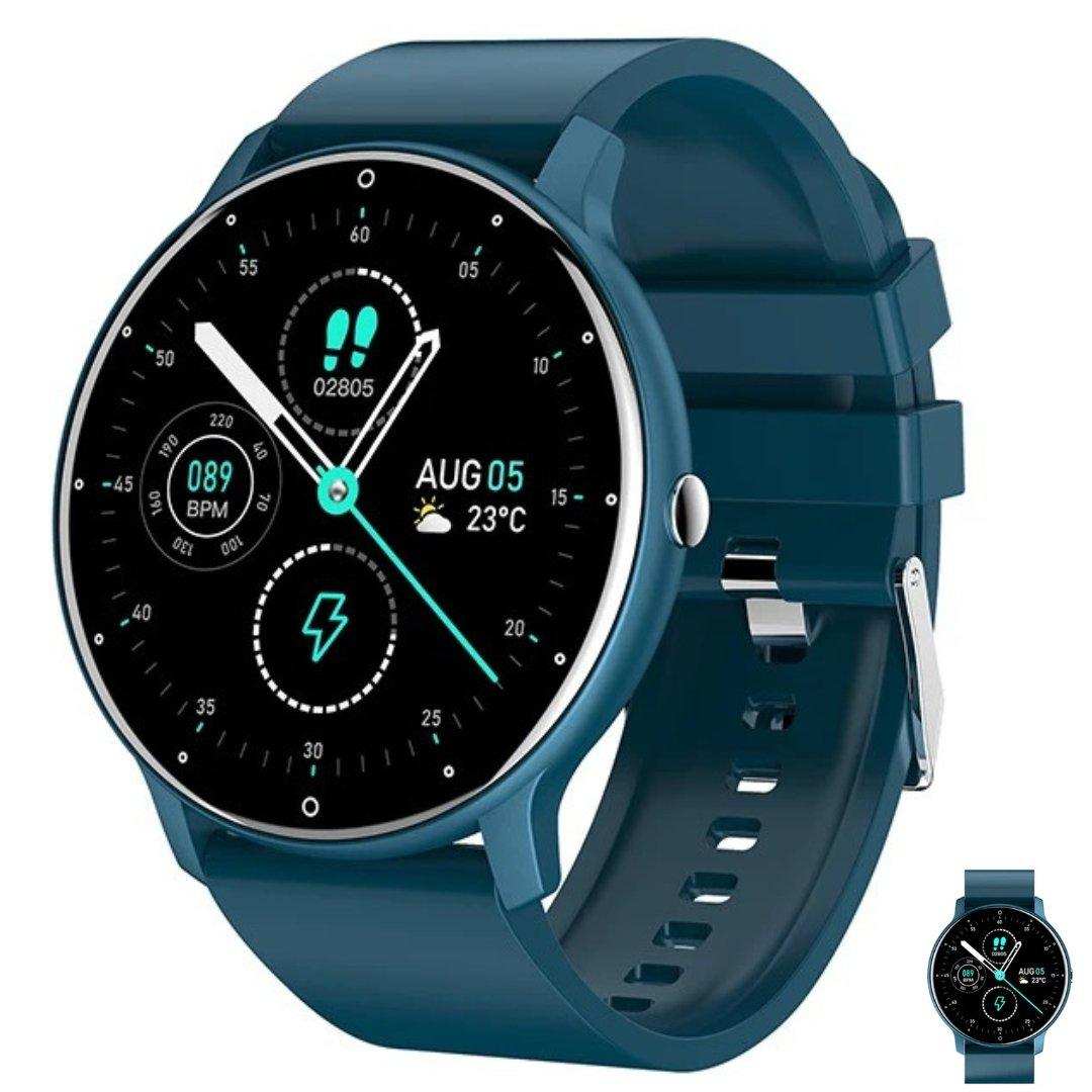 Blue round smartwatch with fitness tracking, heart rate, weather, and sport display TUTT