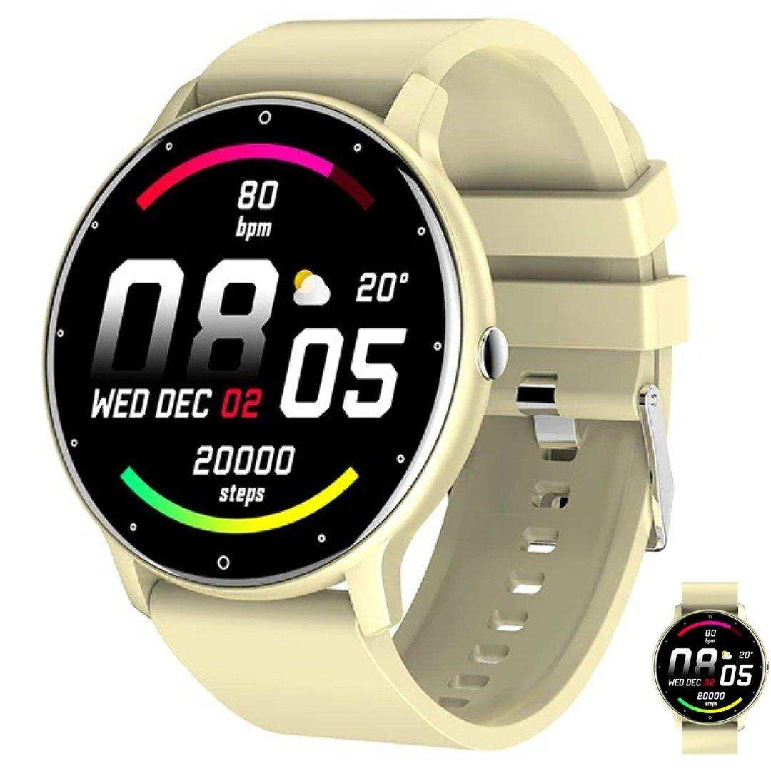 Beige round smart watch with fitness tracking display, heart rate and step count, TUTT