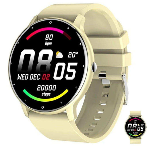 Beige round smart watch with fitness tracking display, heart rate and step count, TUTT