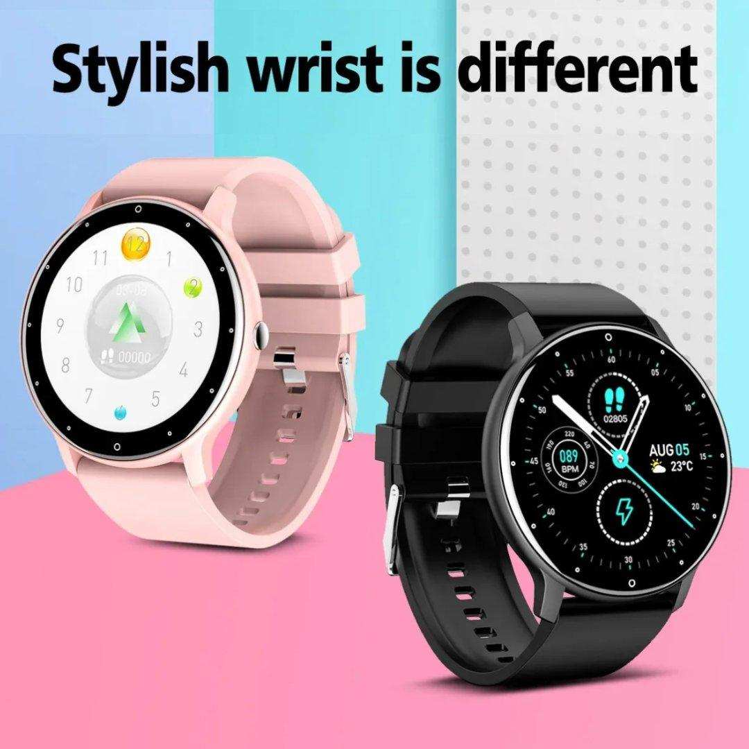Men’s and women’s round screen smartwatches in pink and black on colorful background TUTT