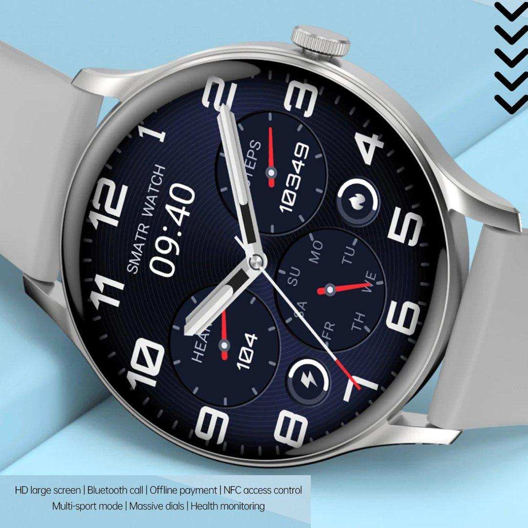 Silver round smartwatch with analog and digital display, activity tracking, heart rate, and step counter features on a light blue background. TUTT