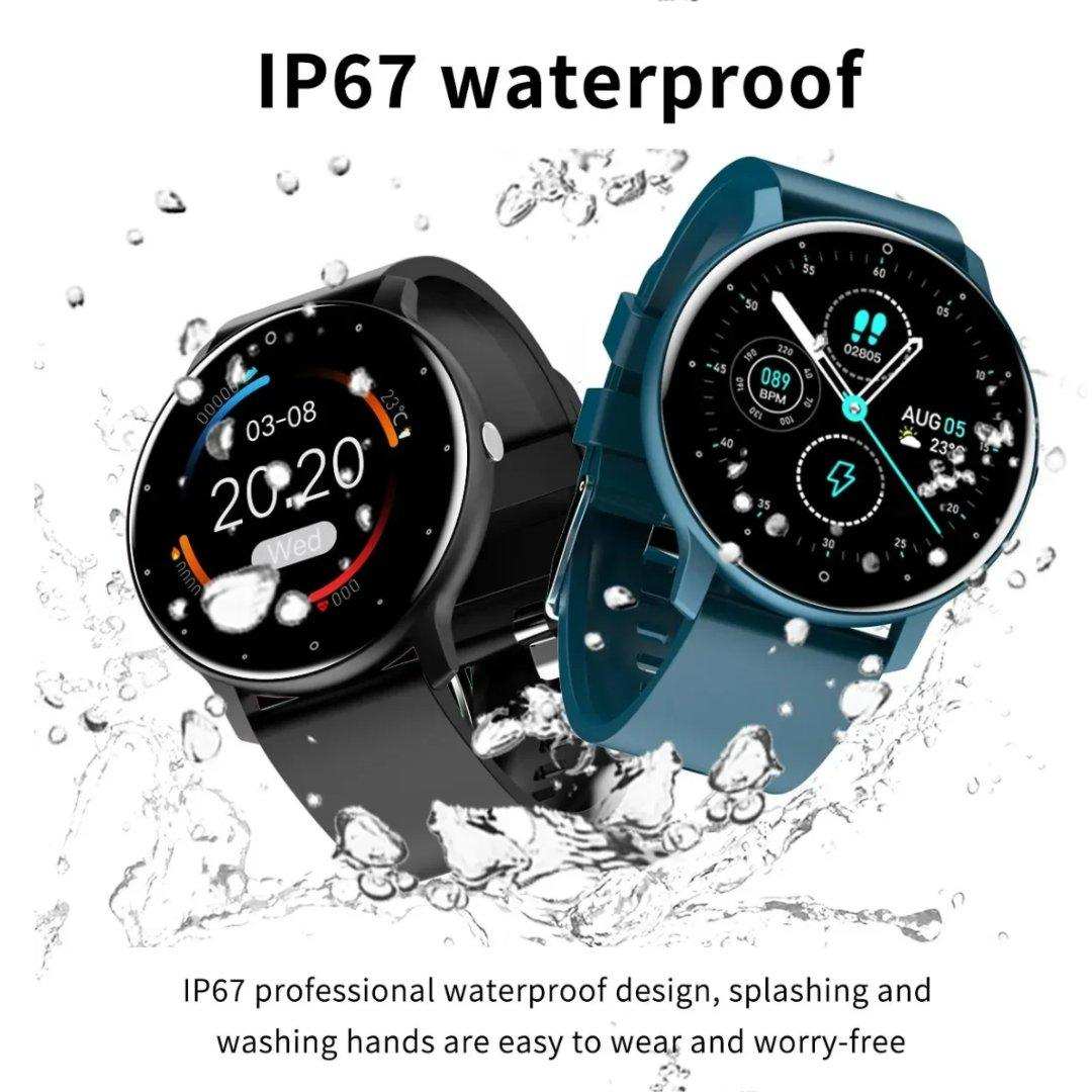 Two IP67 waterproof smartwatches, black and blue, with water splashes and digital displays TUTT