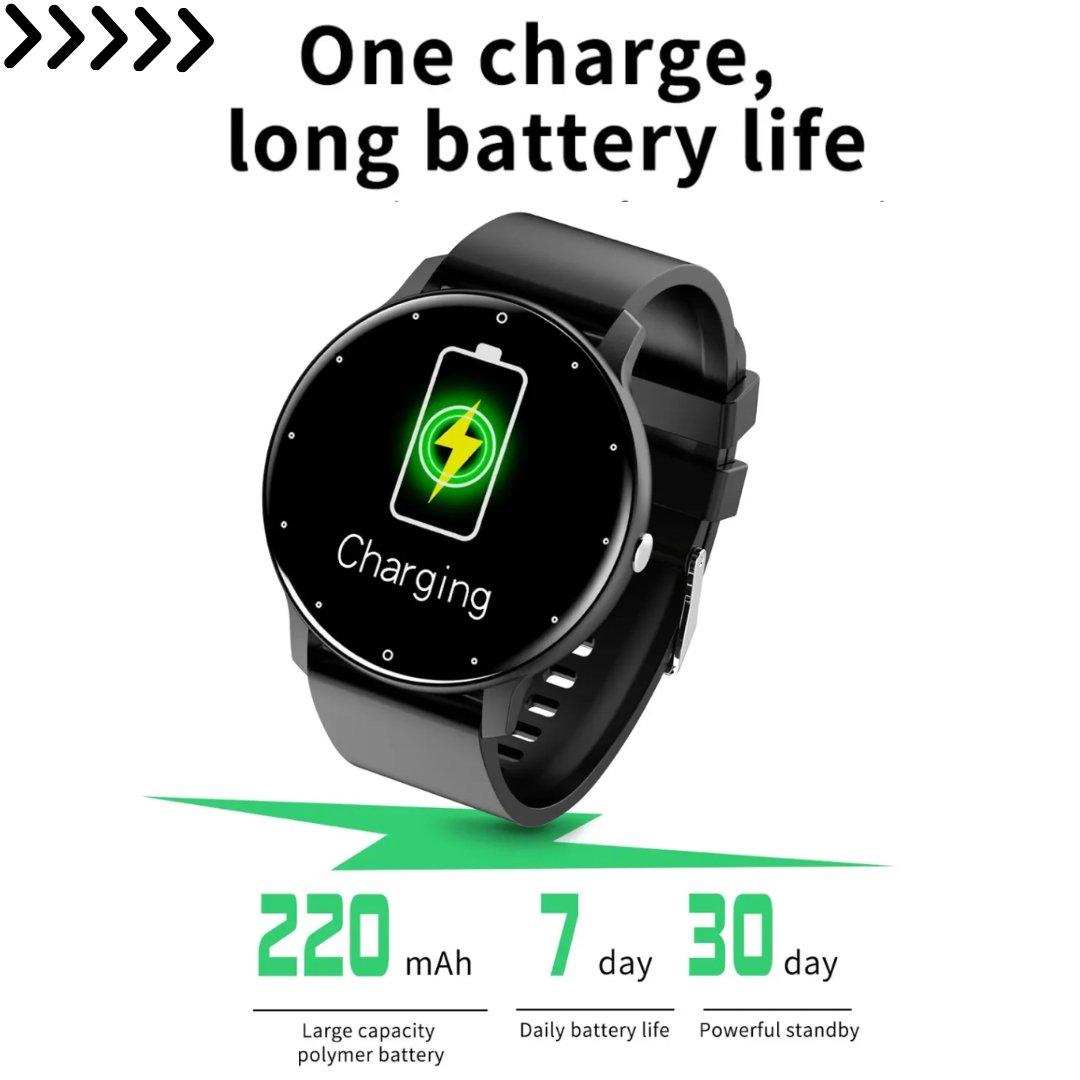 Black smart watch screen showing charging icon, battery life stats, and text benefits. TUTT