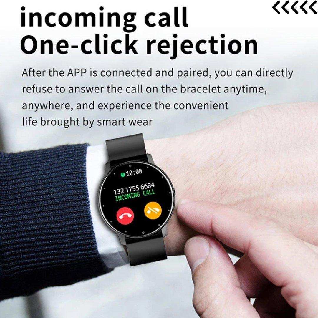 Person wearing black round touchscreen smartwatch with incoming call notification, feature text, TUTT