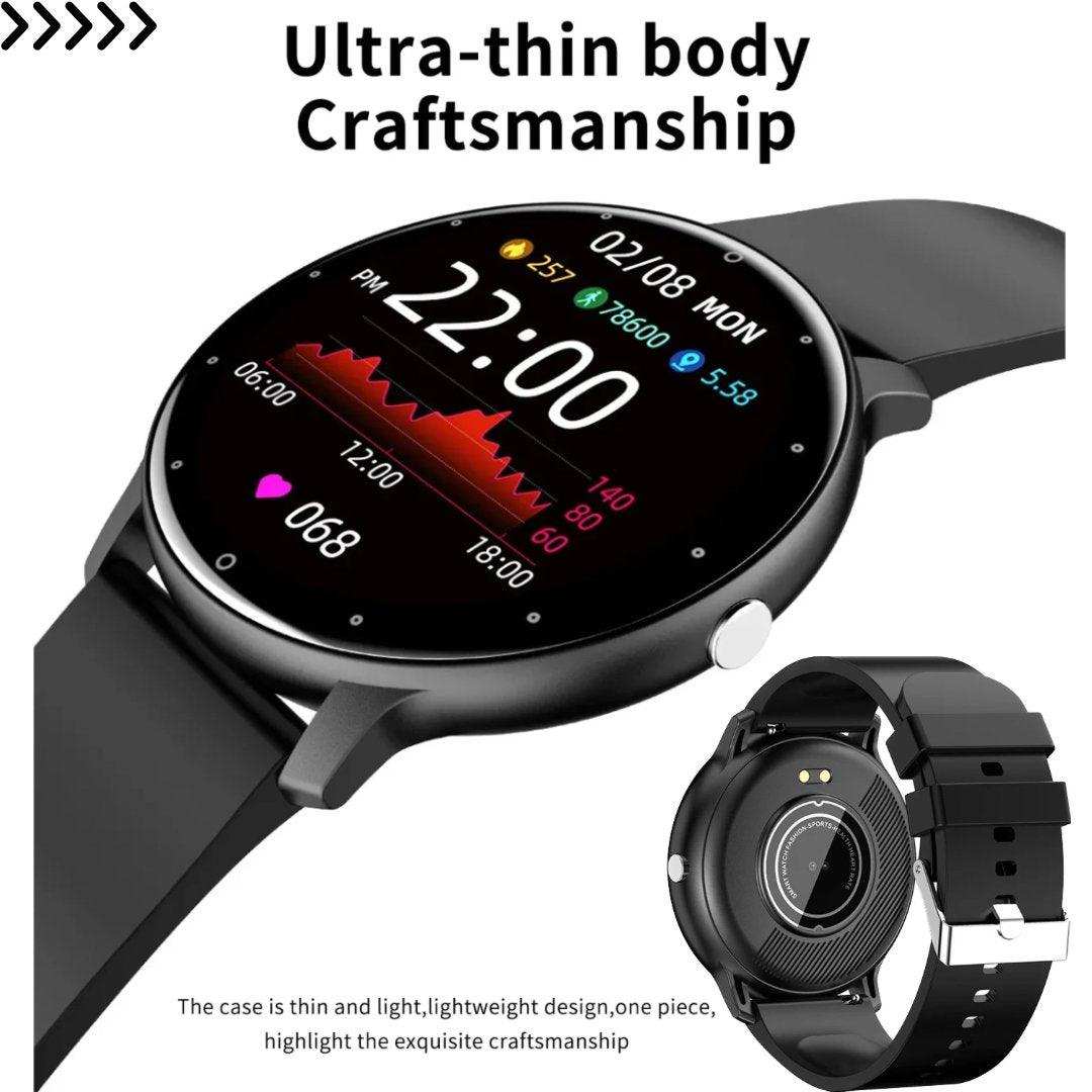 Ultra-thin black smart watch with color screen, heart rate, and activity tracking, TUTT